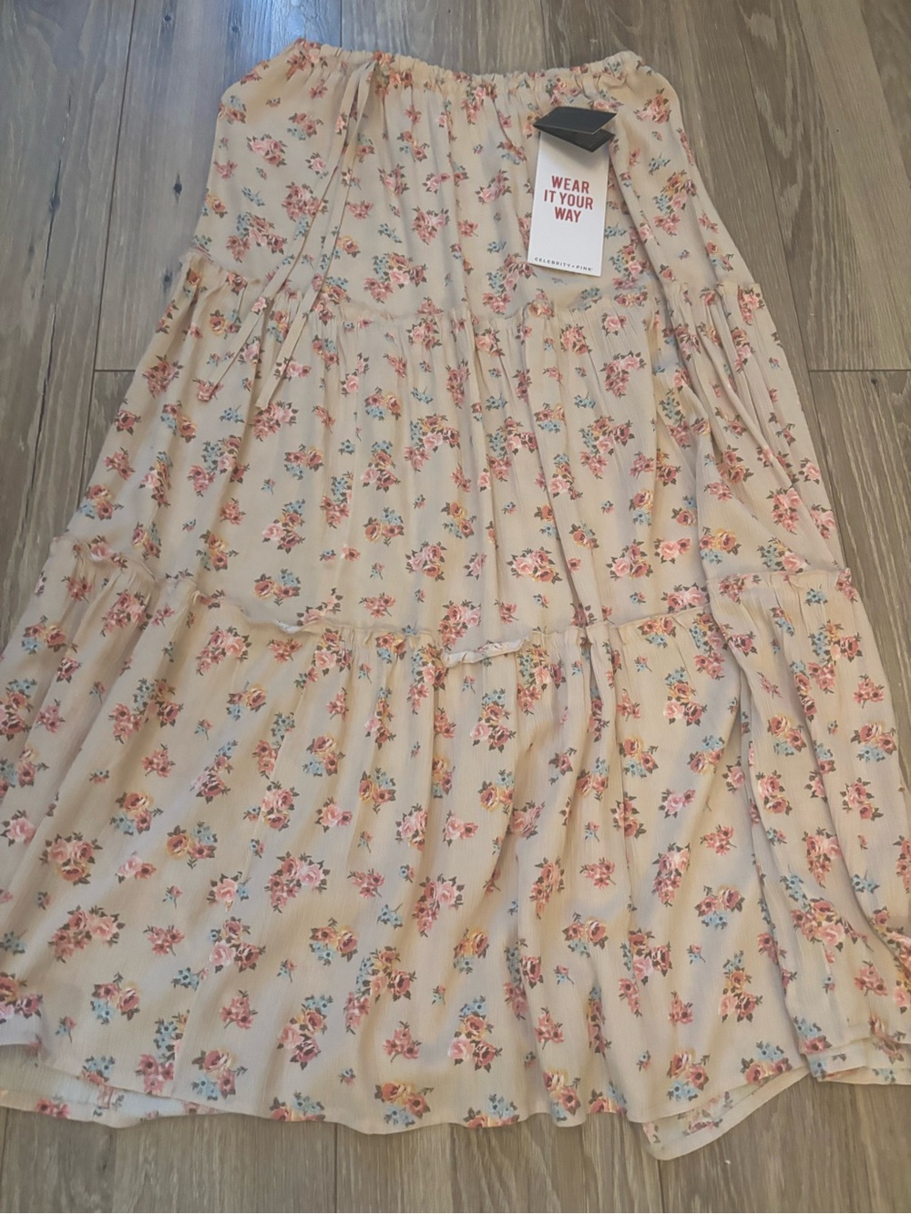 Celebrity Pink Cream Floral Tiered Dress with Pink & Blue Blossoms